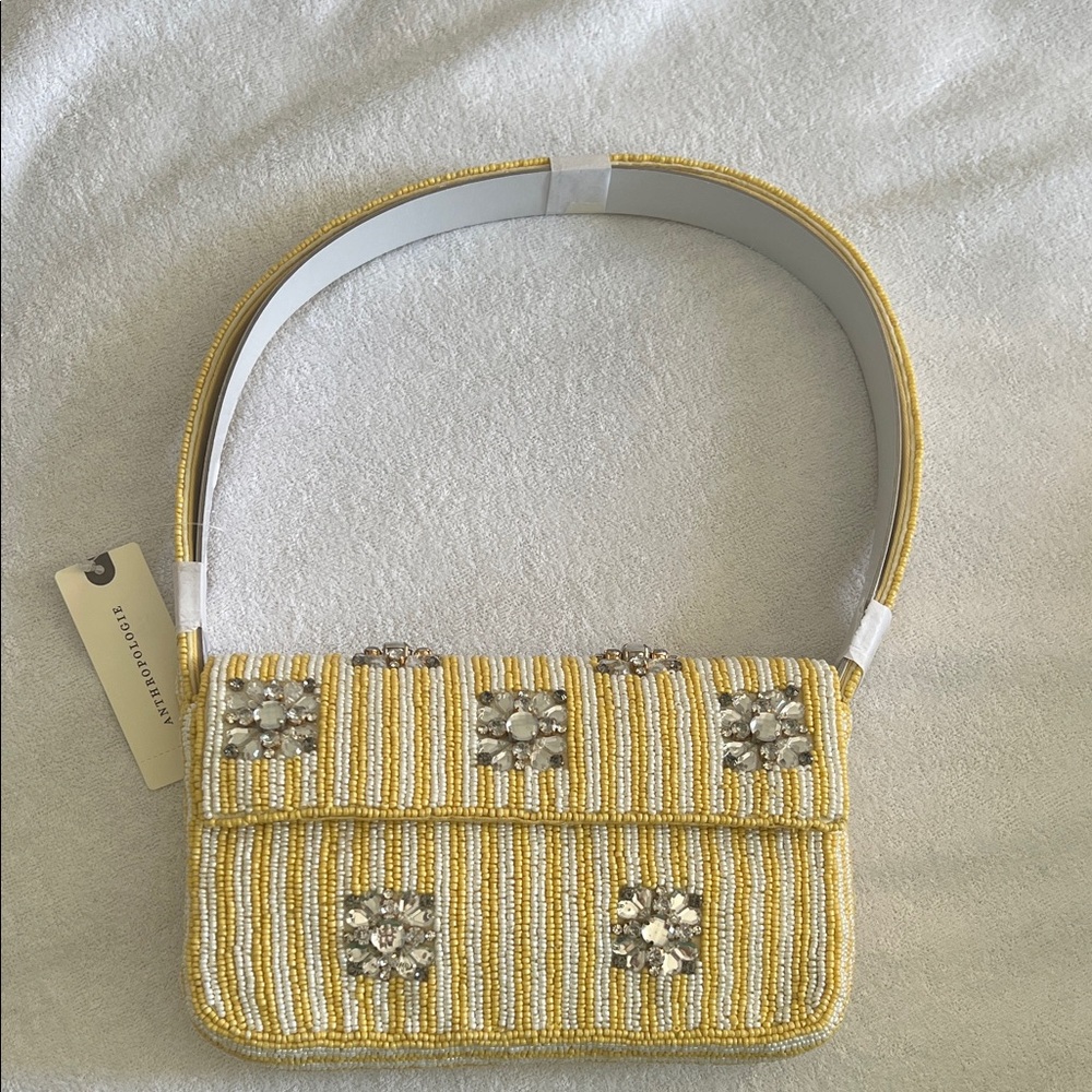 Anthropologie Fiona Yellow and White Beaded Shoulder Bag NWT